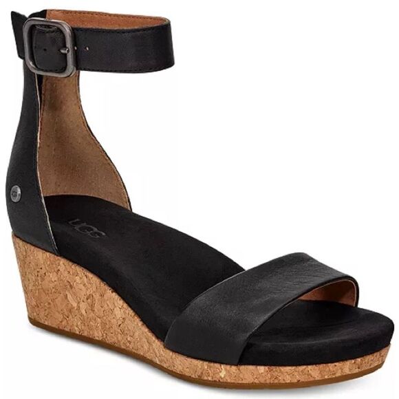 UGG Zoe Wedge Black Leather Sandals size 8 - Picture 1 of 7
